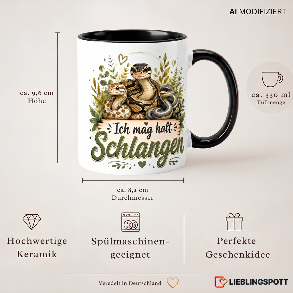 Produktdetails der Schlangen Tasse mit 330 ml Füllmenge und Maßen