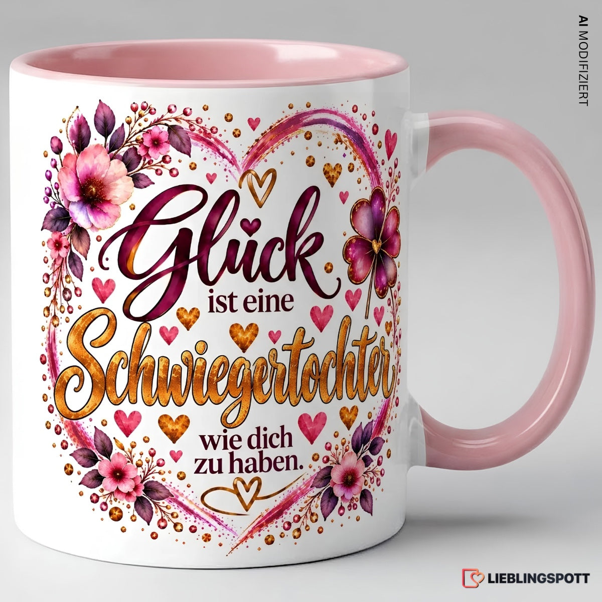 Schwiegertochter Tasse mit Spruch in Rosa – Glück ist eine Schwiegertochter wie dich zu haben