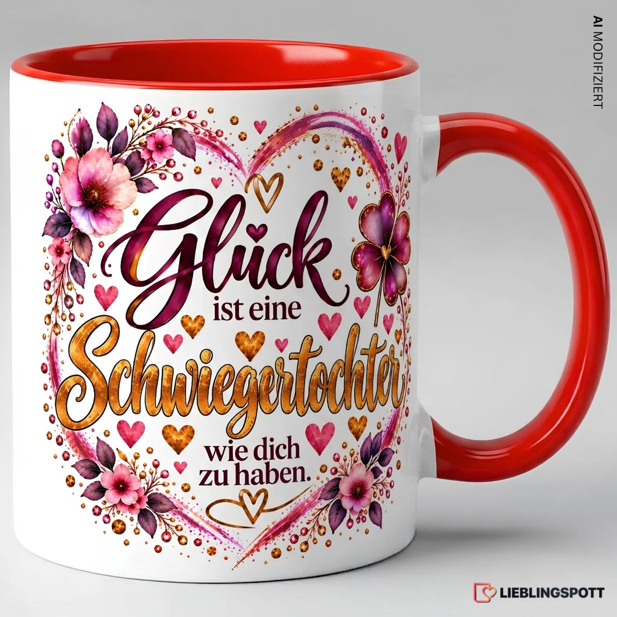 Schwiegertochter Tasse mit Spruch in Rot – Glück ist eine Schwiegertochter wie dich zu haben