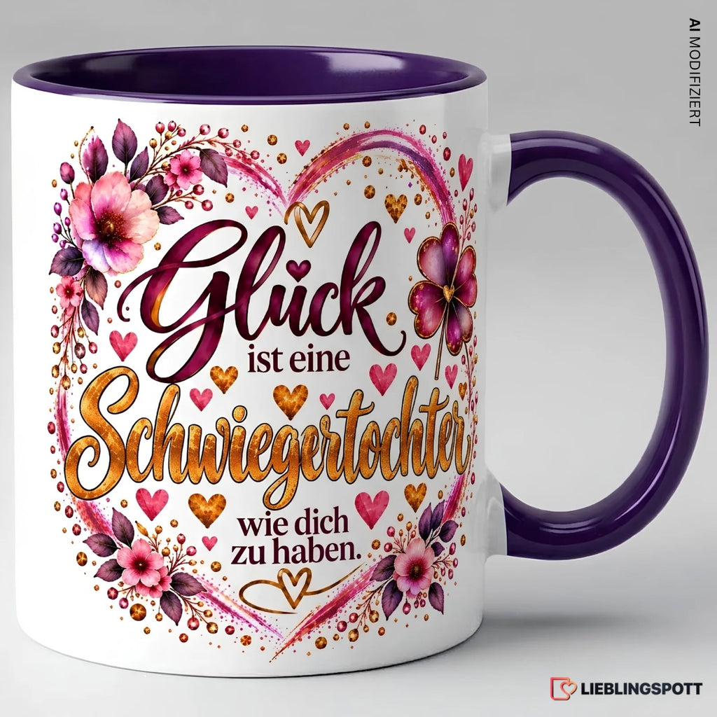 Schwiegertochter Tasse mit Spruch in Violett – Glück ist eine Schwiegertochter wie dich zu haben