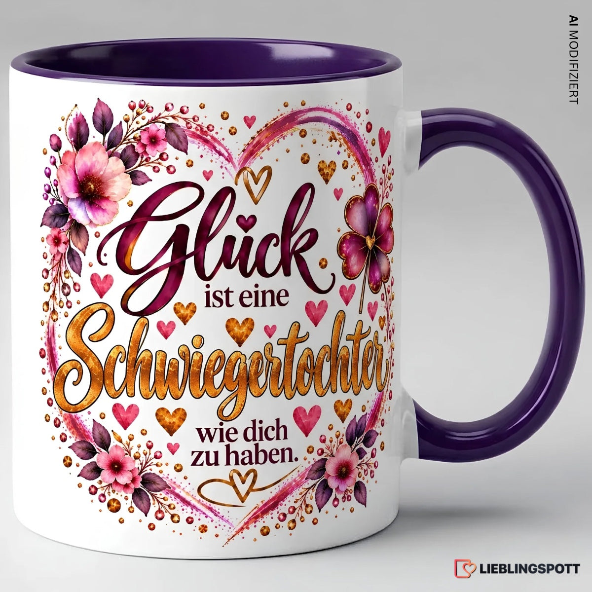 Schwiegertochter Tasse mit Spruch in Violett – Glück ist eine Schwiegertochter wie dich zu haben
