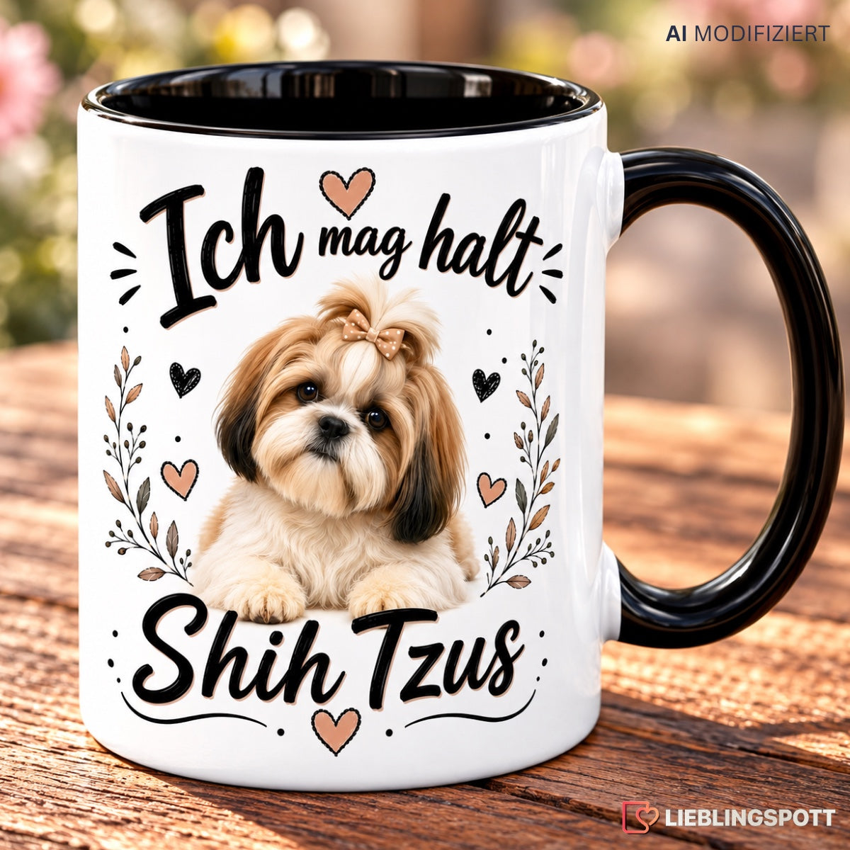 Shih Tzu Tasse Lifestyle auf Holztisch