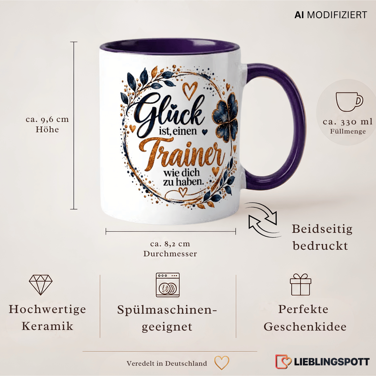Trainer Tasse Produktdetails 330 ml 9,6 cm 8,2 cm doppelseitig bedruckt