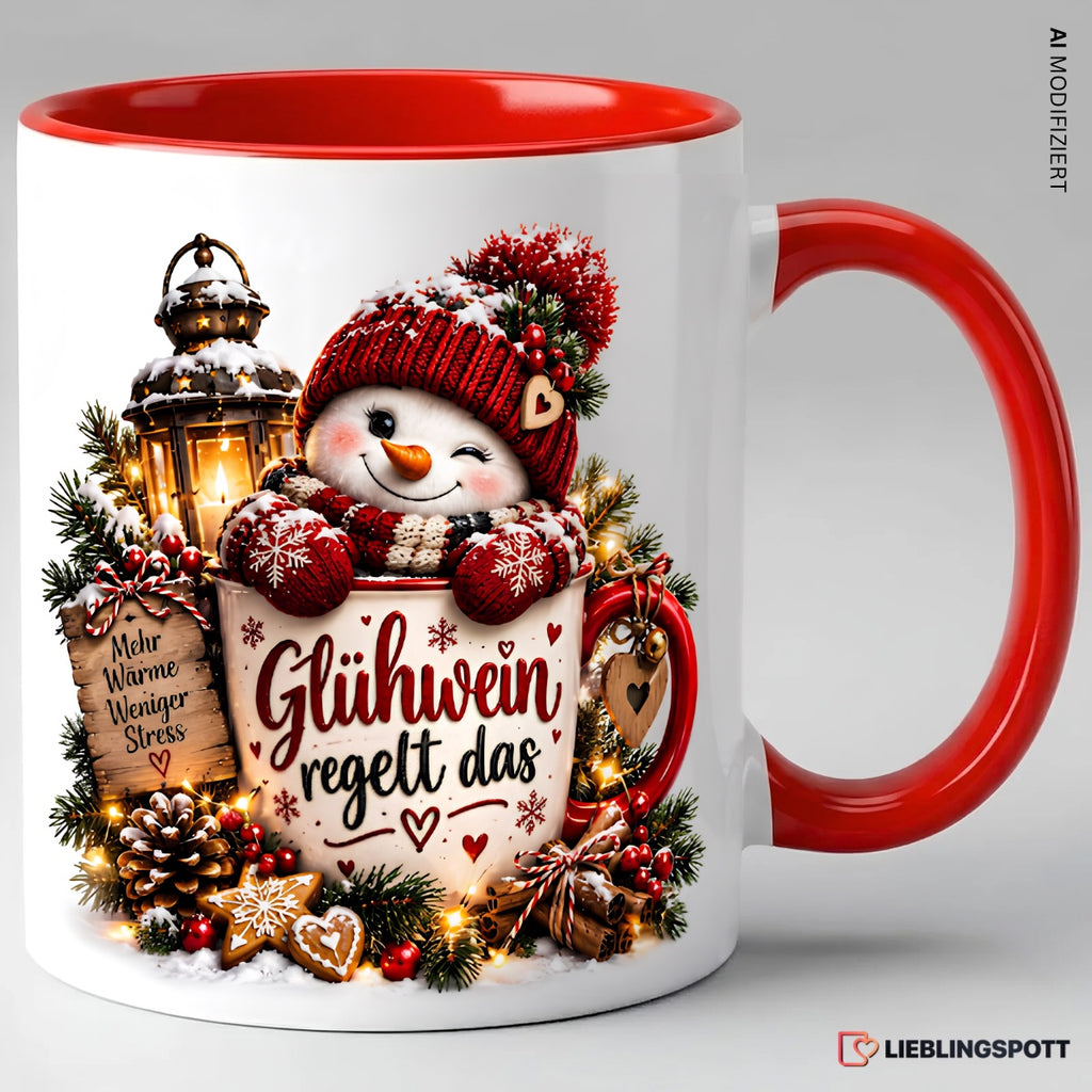 Weihnachtstasse Glühwein regelt das mit Schneemann – Rot